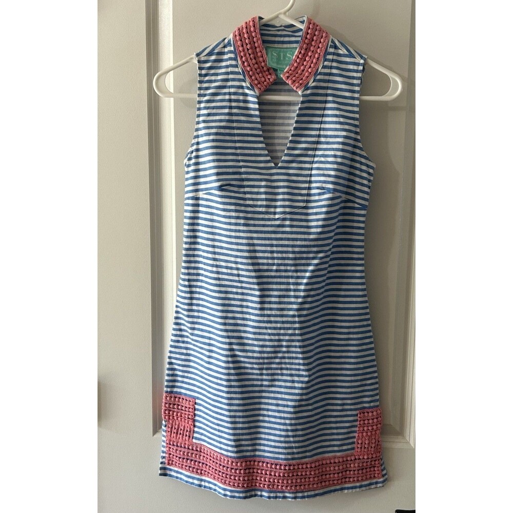 STS Sail To Sable XXS Blue Stripe Coral Sleeveless V Neck Striped Dress Costal